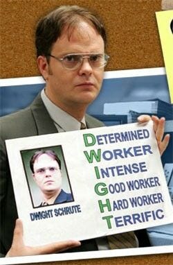 dwight schrute from the office holding acrostic name poem