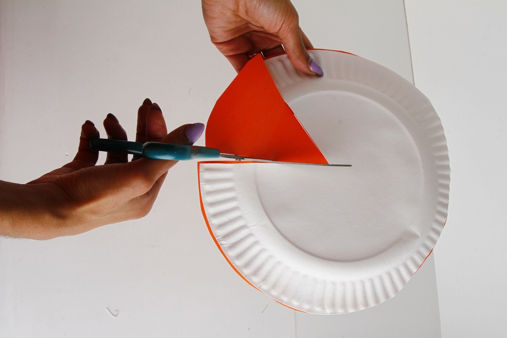 cutting paper & paper plate with scissors Cut shape out of paper plate