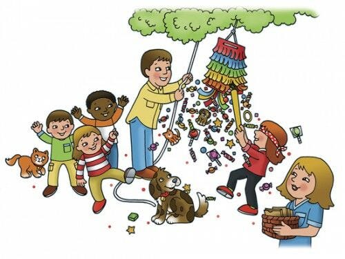 children hitting colorful paper bag pinata cartoon