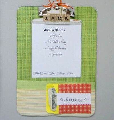 Chores list decorated green clipboard with list of chores
