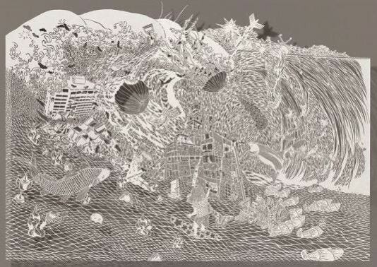 intricate papercut art landscape with fish and sea