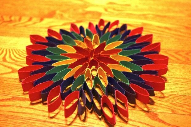 Completed rainbow flower toilet paper roll craft