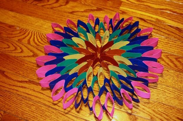 Completed rainbow flower toilet paper roll craft