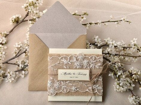 wedding invitations, burlap and white lace