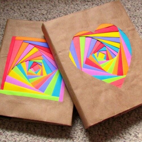 kraft brown paper bag book cover with large centered rainbow square and heart designs