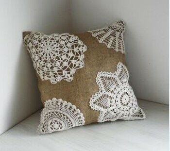 Burlap pillow, white lace pillow