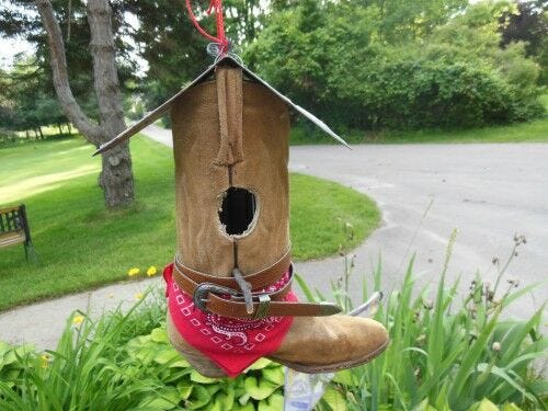 birdhouse, boot w belt and bandana