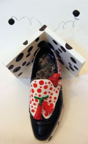 birdhouse - black and white shoe w/ red polka dots black and white shoe, red polka dots, birdhouse