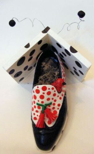 black and white shoe, red polka dots, birdhouse