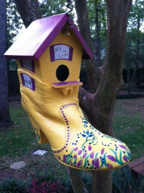 birdhouse, half wood half boot 1/2 wood boot birdhouse