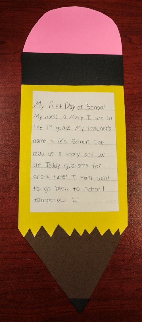 first day of school craft paper pencil with handwritten message