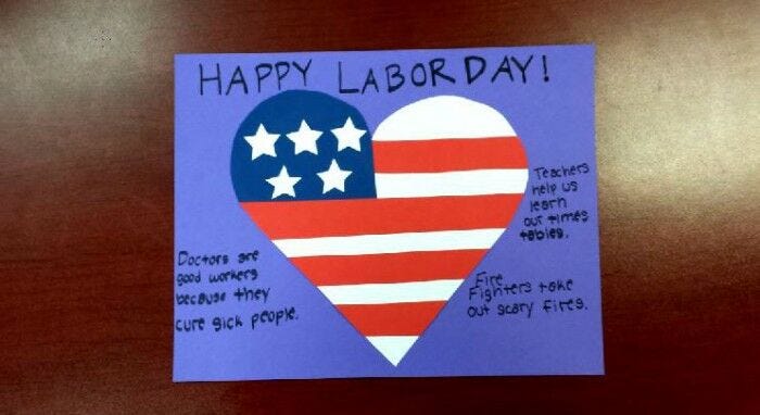 labor day paper craft american flag heart glued to blue poster