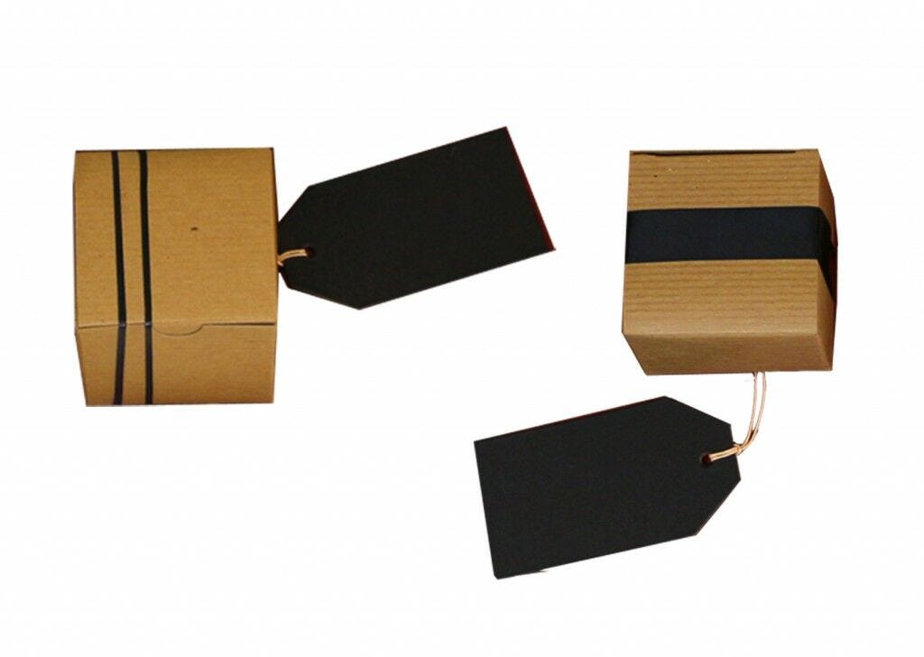 small boxes, rubber bands, tags