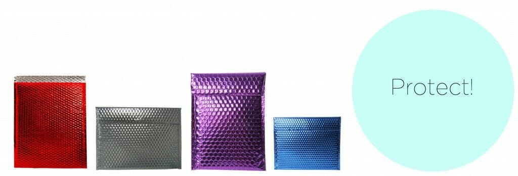 bubble mailers choosing the right envelope: row of shiny metallic bubble mailer envelopes