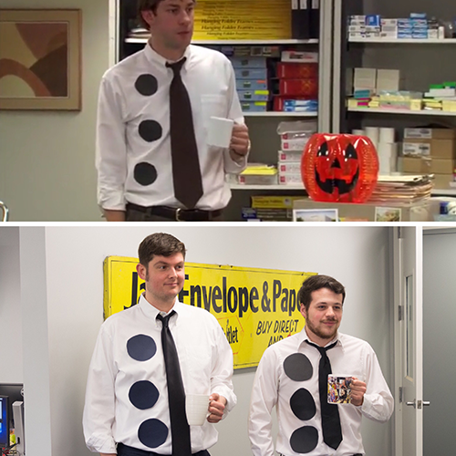 men in white button down shirts tie and three black dots holding coffee cup