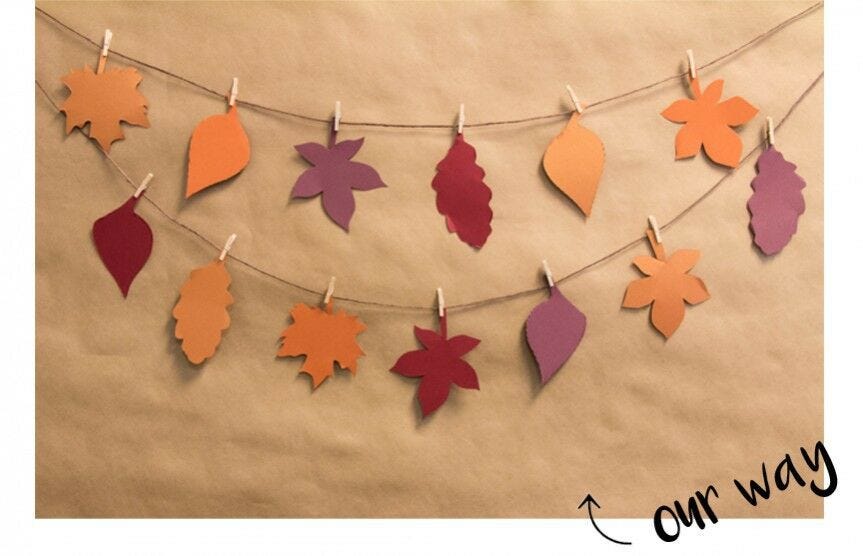 Fall leaf garland on kraft paper background, "our way"