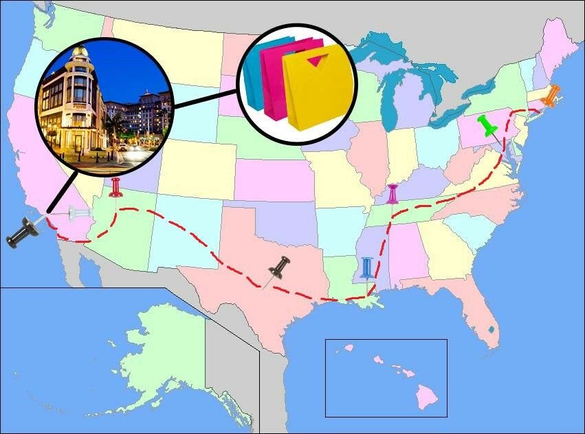 map of usa with track to beverly hills and die cut shopping bags