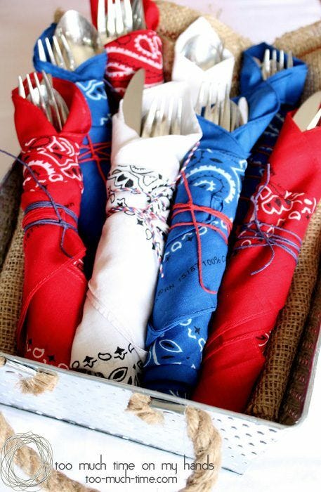 Red, white, and blue bandanna napkins Bandana Utensils, memorial day utensils