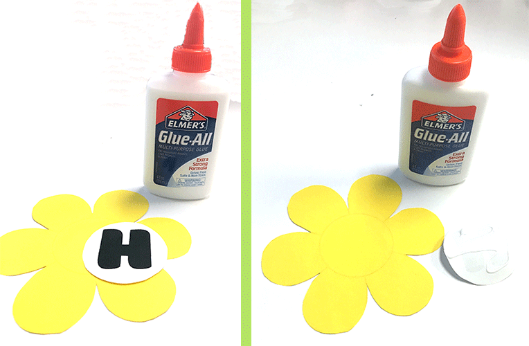 Glue, letter cutouts, flower cutouts