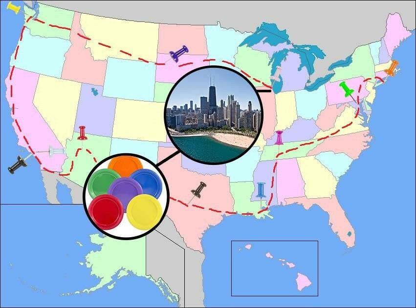 marked map of united states to illinois with snapshot of colored plastic plates