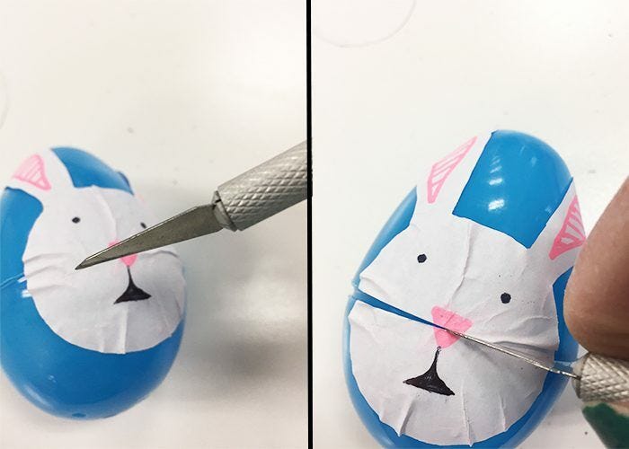 Easy DIY Easter Sticker Egg Decorations, Stciker, Bunny, Blue, egg, craft knife, cut to allow egg to open