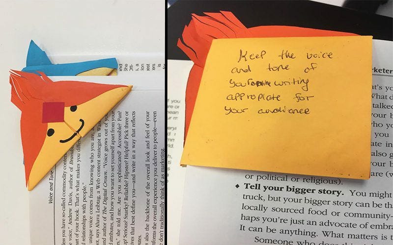 Bookmark with note written on it