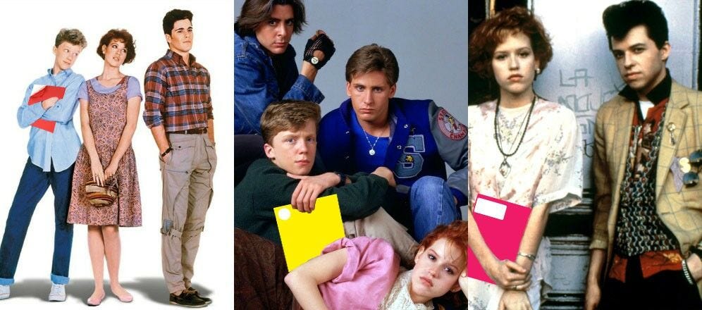 sixteen candles, the breakfast club, pretty in pink