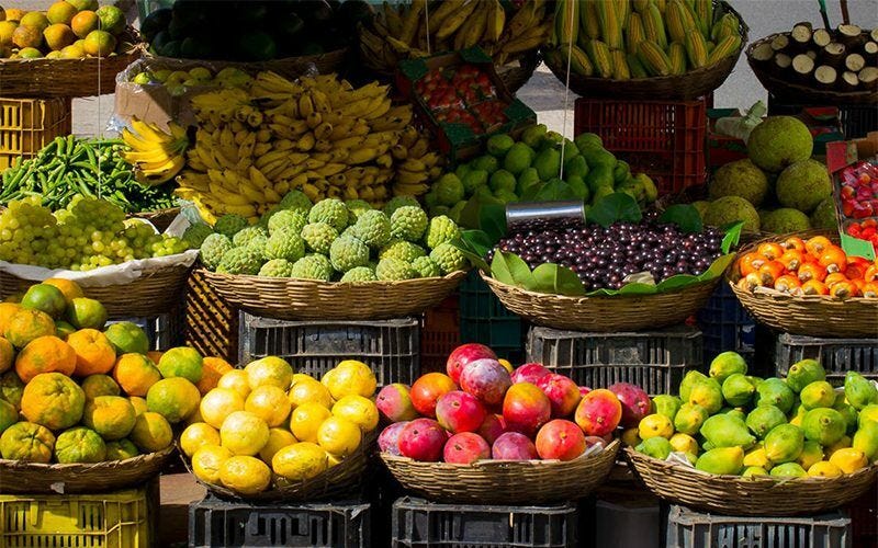 Various fruit in baskets