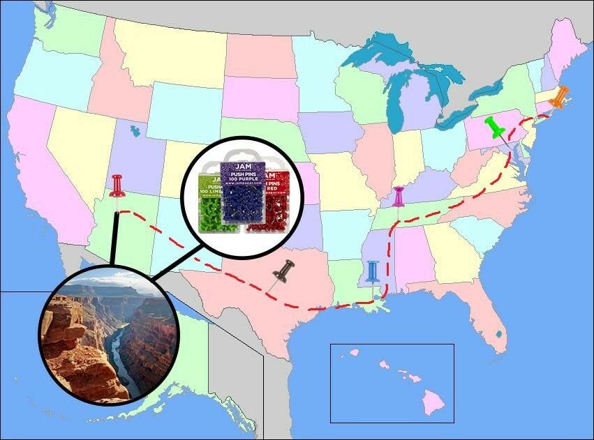 map of united states with track to arizona and snapshot of grand canyon with push pins