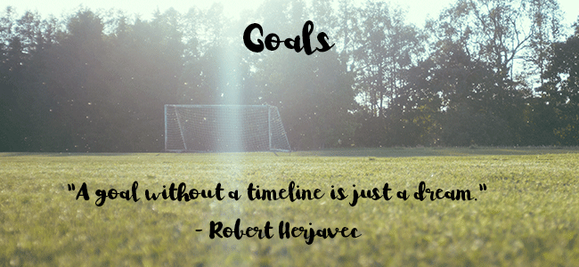 sunny soccer field with white goal post and trees with quote