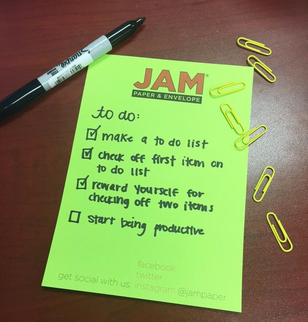 To-Do list, green JAM paper, yellow paperclips, Sharpie