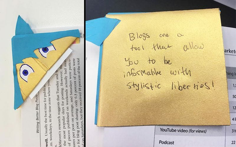 Bookmark with note written on it