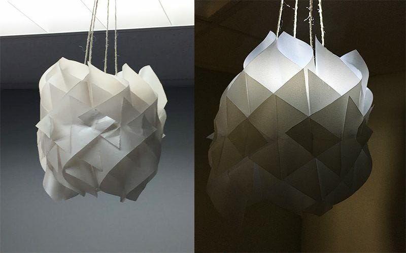 Paper cathedral lanterns hung from ceiling