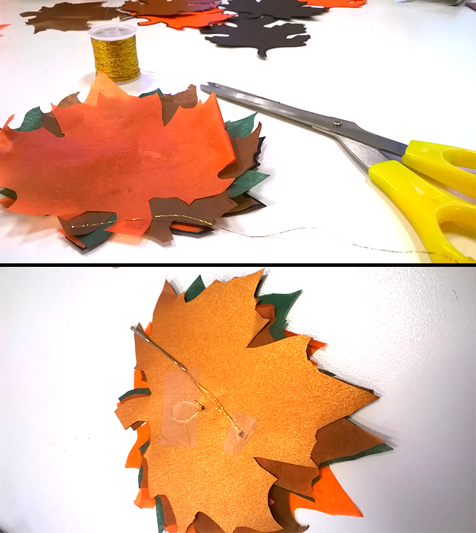 DIY Fall Table Decorations, Leaves, Thread, scissors 