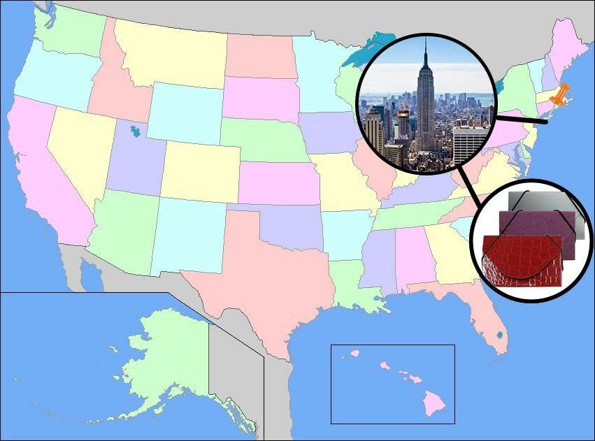 map of the united states with location pin on new york and business card case image