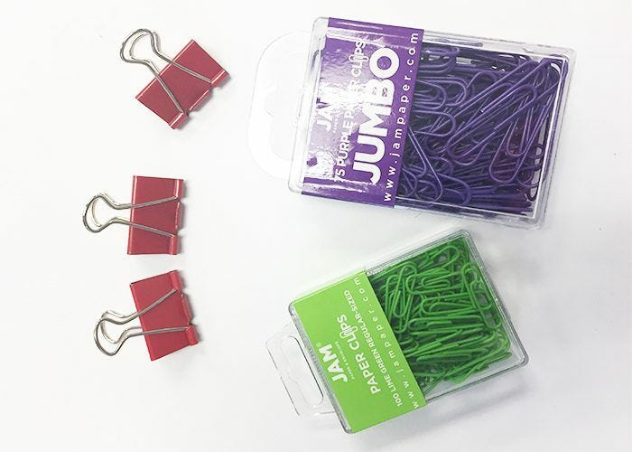 JAM's Official List of 10 Desk Essentials, paperclips, binder clips, green, purple, red