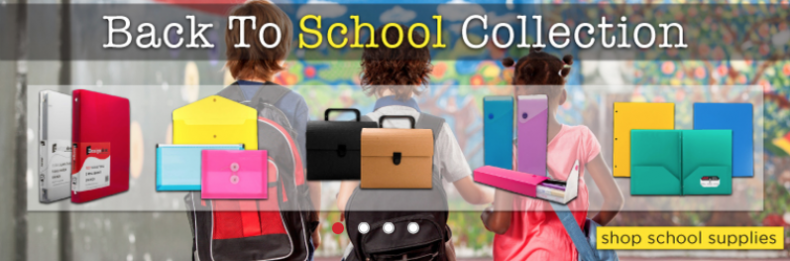 "Back to School Collection" - three schoolchildren with backpacks, with images of school supplies over the, including binders, accordion folders, pencil cases, and folders