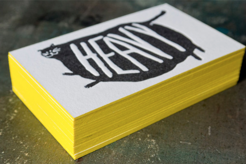 Business card, white with fat cat - "Heavy"