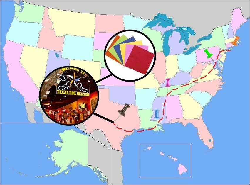 map of united states with track to texas and snapshot of colorful napkins