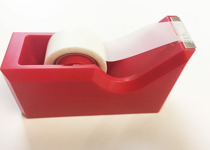 JAM's Official List of 10 Desk Essentials, Tape, Tape Dispenser, Red, Clear tape., desktop, desk