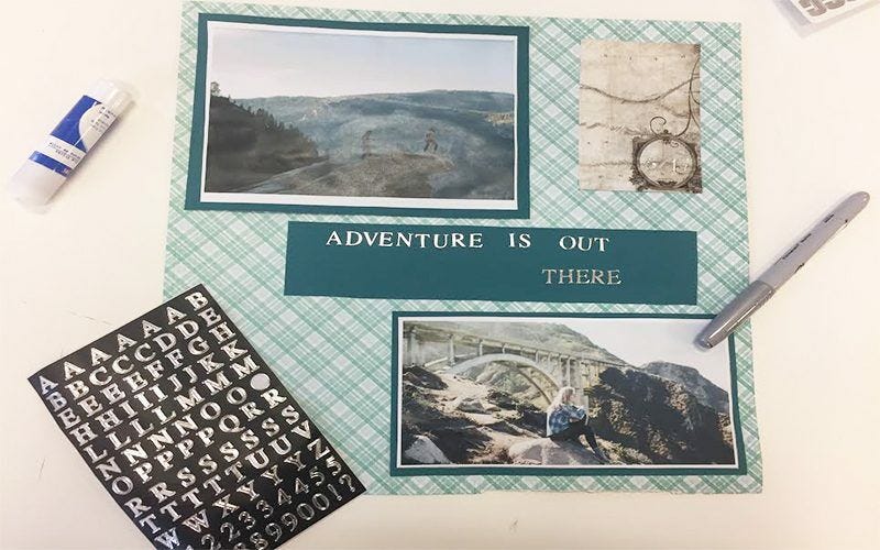 Decorated scrapbook, "Adventure is out there"