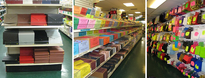 various jam paper products, colorful office supplies on store shelves