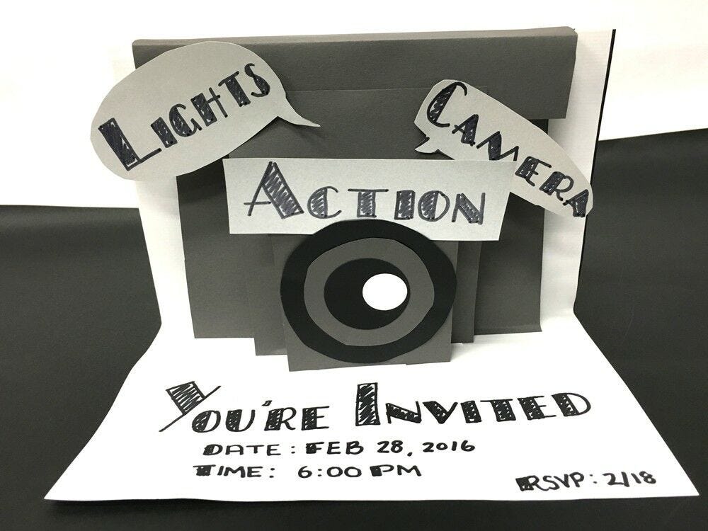 grey black and white diy lights camera action oscar party invitations