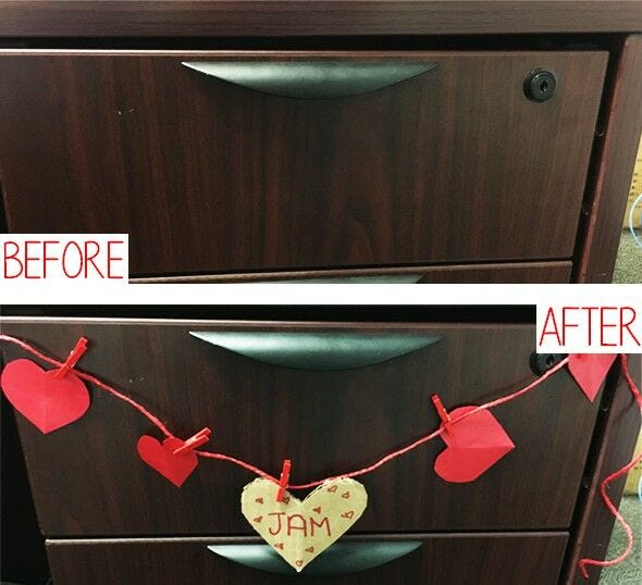 dark wood drawer before and after decoration with diy red heart banner