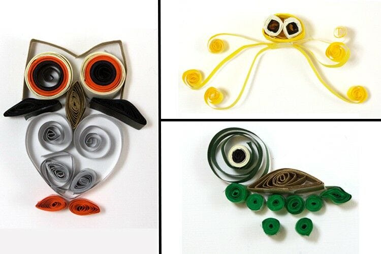 What is quilling? colorful paper animals owl jellyfish and turtle