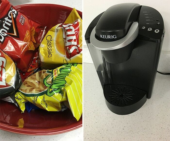 small bags of chips in a bowl and keurig machine for stress free office space