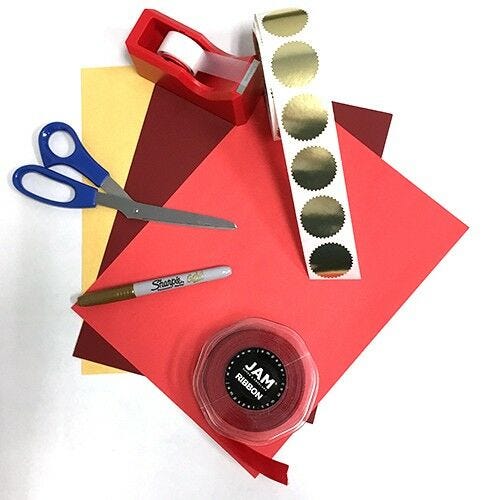 DIY Red Carpet Ready Invite Materials red carpet ready materials - red paper, gold paper, red ribbon, gold sharpie, scissors, tape, gold stickers