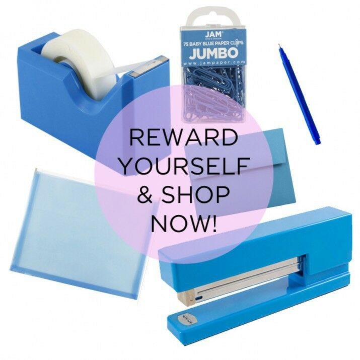 Blue office supplies - tape, envelope, stapler, paperclips pen