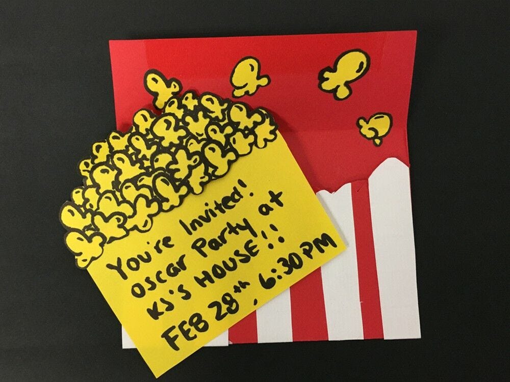 DIY oscars party popcorn card and envelope red white and gold diy oscars movie popcorn invitation