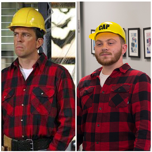 diy the office halloween costume men in yellow construction helmets with red flannel shirts